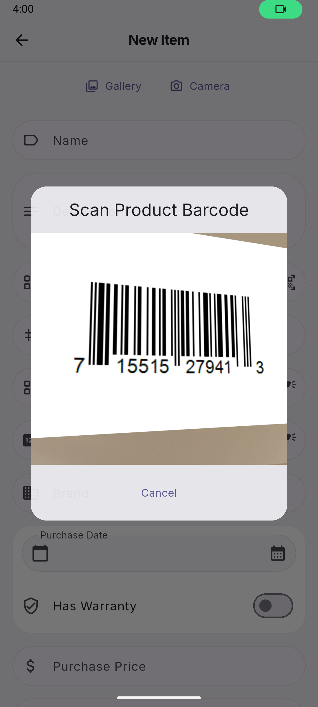 Box•E barcode scanning flow inside the app