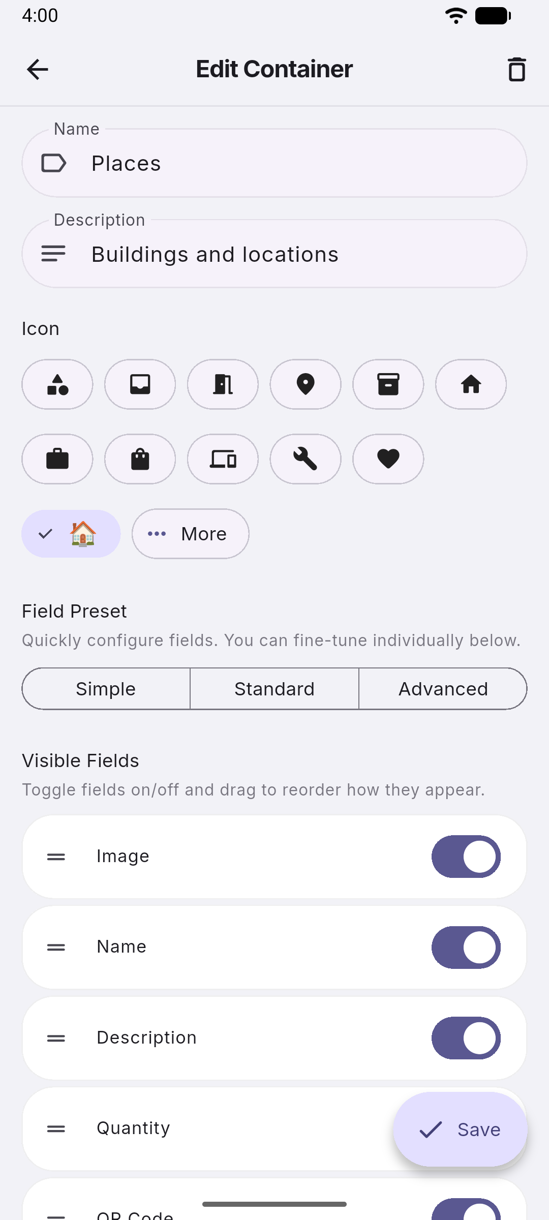 Box•E edit container screen with custom icons and field controls