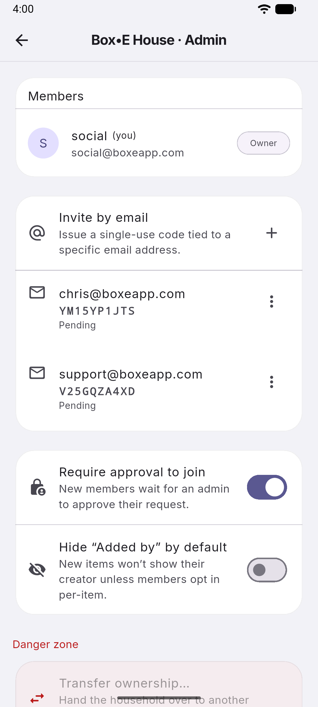 Box•E household sharing screen with members and invite options