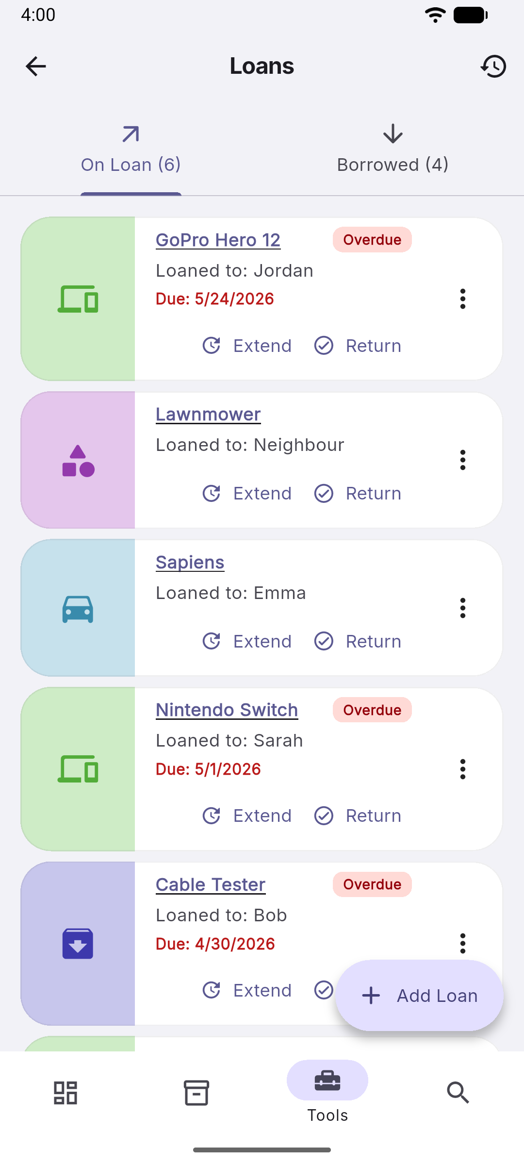 Box•E loan tracking screen with due dates