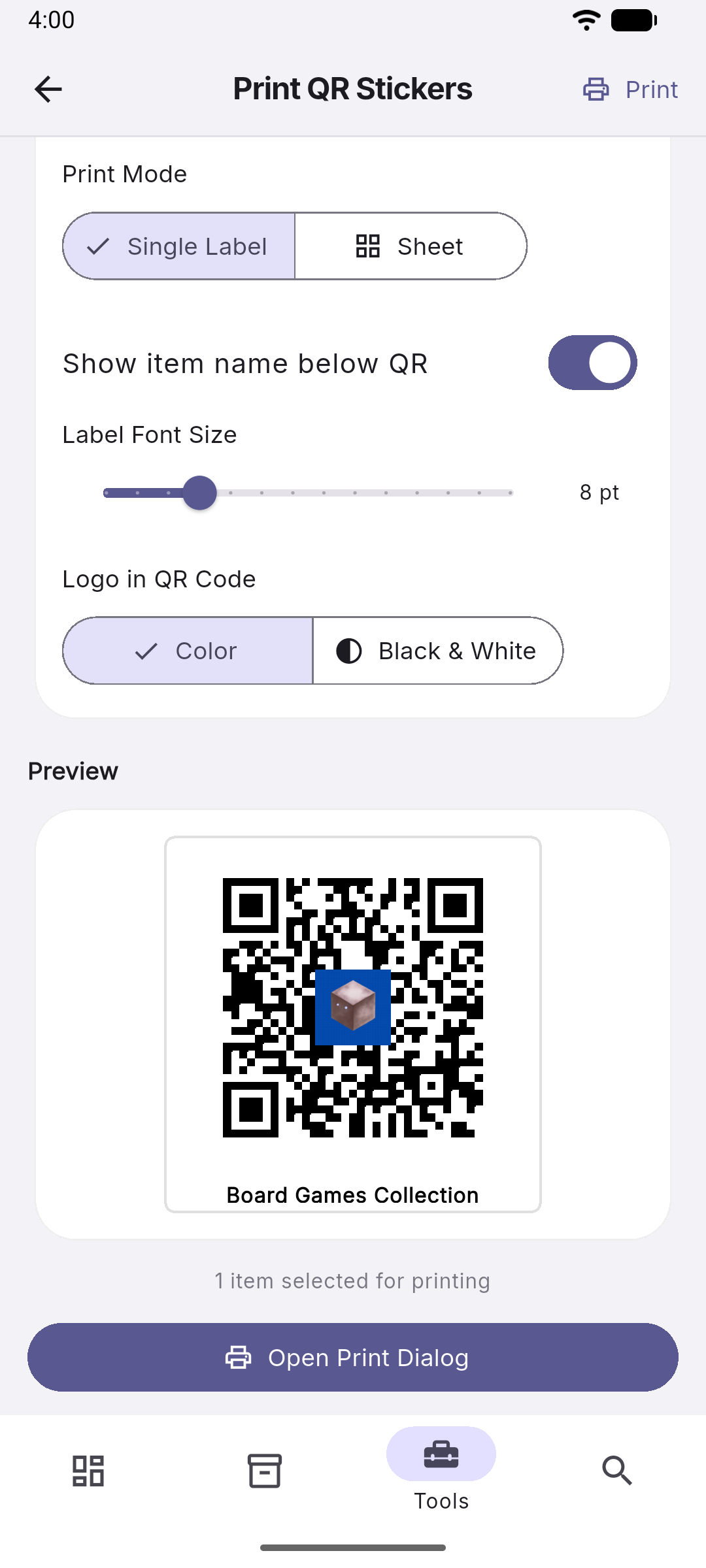 Box•E QR label generator preview with printable labels