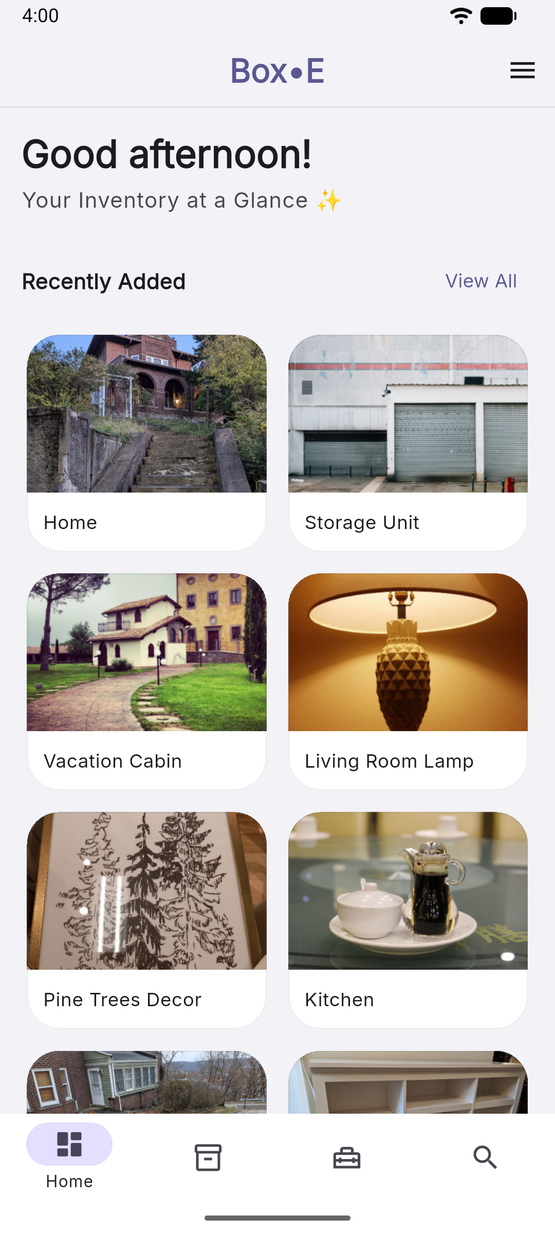 Box•E app dashboard showing inventory containers