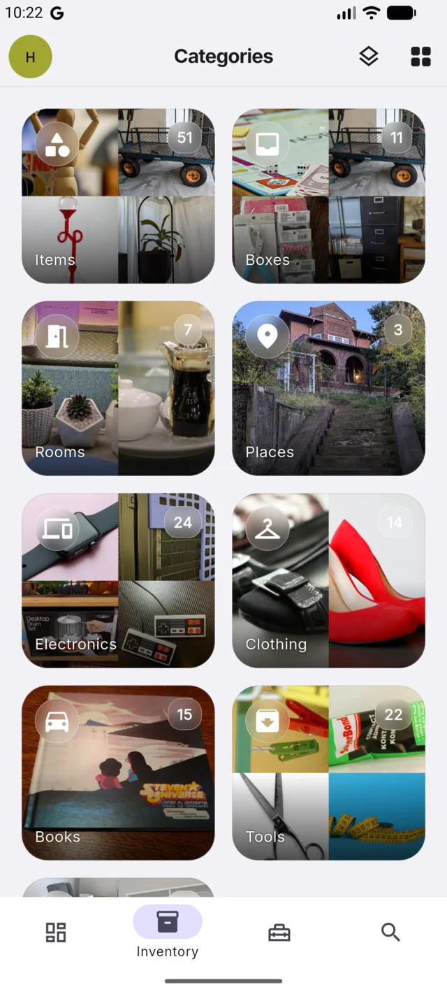 Box•E categories grid showing Items, Boxes, Rooms and more