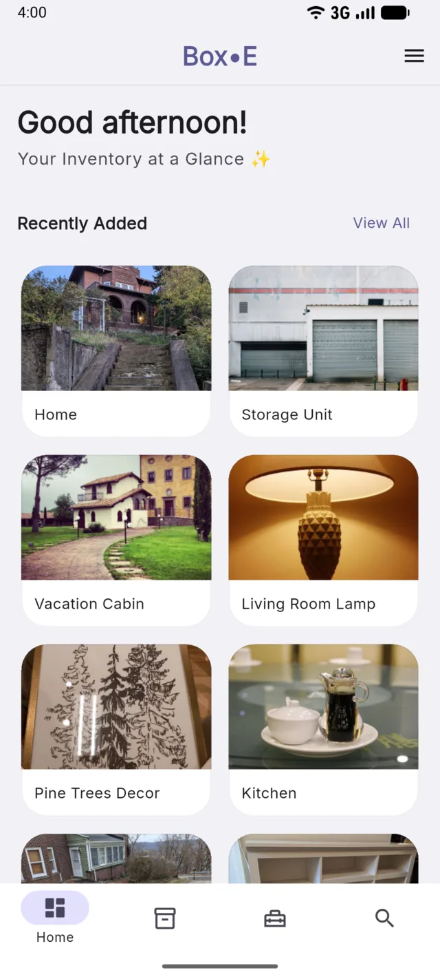 Box•E home screen with recently added places and items